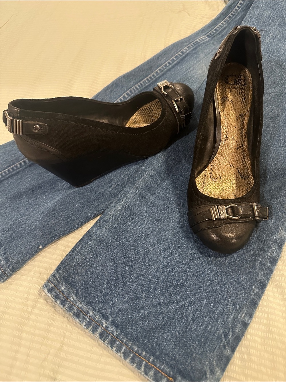 Gianni Bini Black Wedge Pumps with Buckle Accent